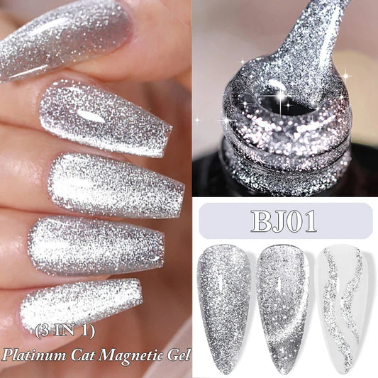 sengpan 7ML Platinum Silver Moonlight Cat Magnetic Gel Polish Soak Off Glitter Gel Nail Polish Semi Permanent UV Gel Nail Art