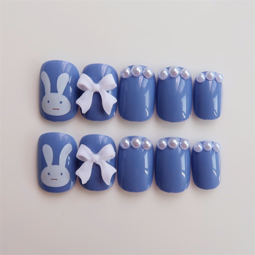 sengpan 24PCS/Box Bowknot Rabbit Pattern Pearl Short Square Designer Fashion Design French Style Full Covering Pressed Fake Nails