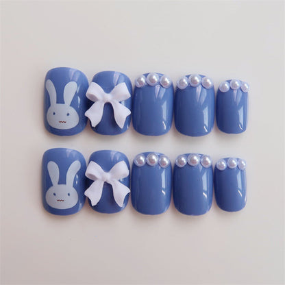 sengpan 24PCS/Box Bowknot Rabbit Pattern Pearl Short Square Designer Fashion Design French Style Full Covering Pressed Fake Nails