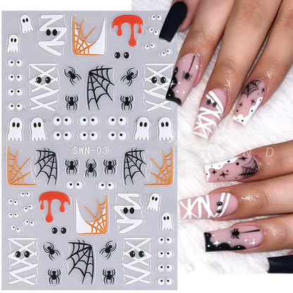 sengpan 3D Halloween Nail Stickers Cartoon Mummy Bandages Ghost Eyes Pumpkin Spider Web Blood Drops DIY Winter Matte Nail Art Decoration