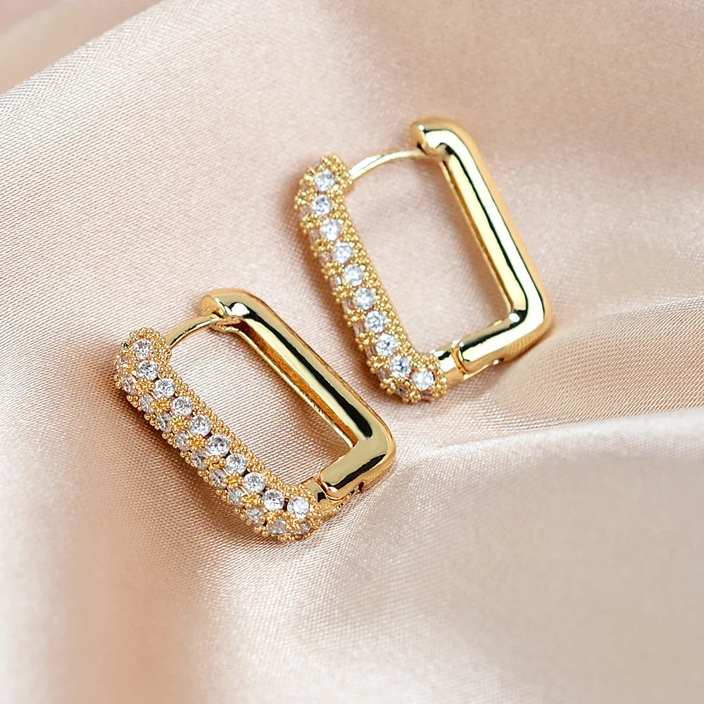 Lianfudai 2024 Minimalist Geometric Square Crystal CZ Big Huggies Hoop Earrings for Women Fashion Gold Color Metal Wedding Jewelry Gift