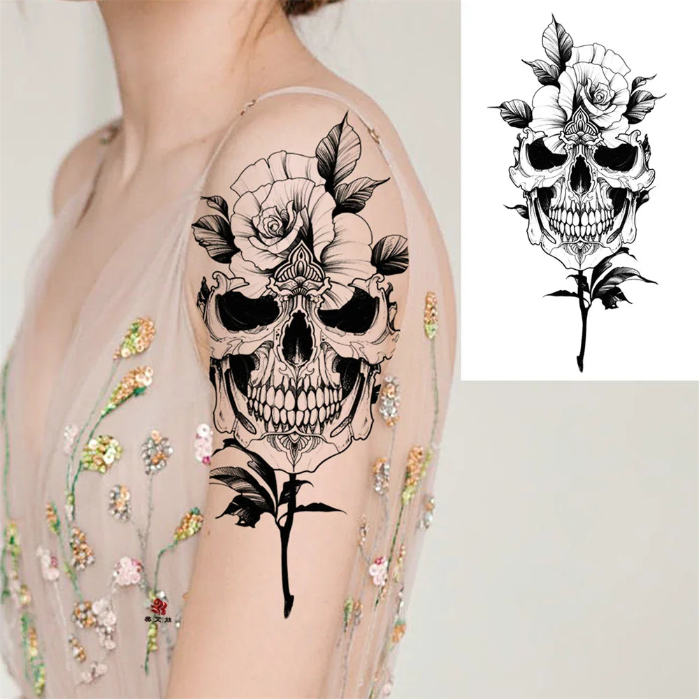 sengpan Death Skull Flower Temporary Tattoo For Women Girls Snake Bird Peony Tattoo Sticker Black Fake Blossom Sexy Tatoo Transfer Adult