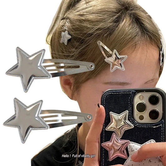 Dospita 2pcs Silver Color PU Star Hair Clips Y2K Silver BB Snap Clip Hairpins Cute Side Barrette Headwear Girls Women Hair Accessoires