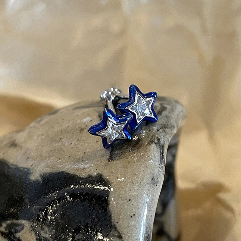 sengpan 1 Pair Trend Blue Crystal Star Pentagram Mini Stud Earrings for Women Cool Sweet Aesthetic Earrings Fashion Y2k Jewelry