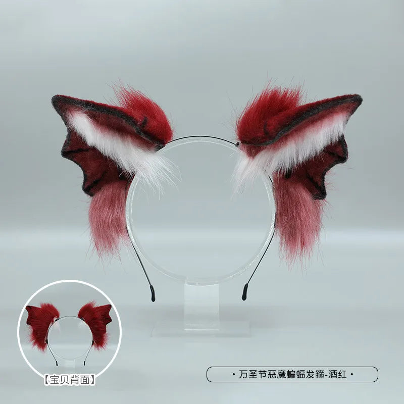 sengpan Halloween Gothic Style Headband Simulation Plush Cat Ear Hairband Bat Wings Hair Hoop Cosplay Hair Accessories Dress Up Prop