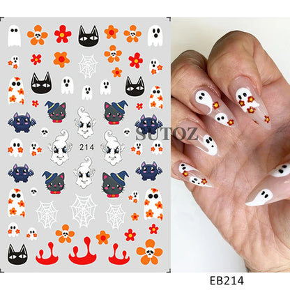 sengpan 5D Embossed Ghost Nail Art Stickers Halloween Cartoon Pumpkin Skull Nail Decals Spider Web Daisy Sliders For Manicure NTJI-5D131