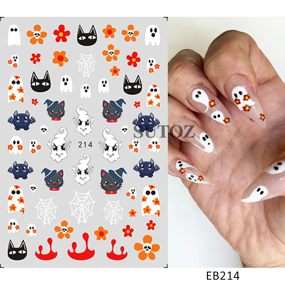 sengpan 5D Embossed Halloween Nail Stickers Skull Chams Spooky Flower Ghost Nail Decals Spider Web Skeleton Sliders for Manicure NTJI-5D