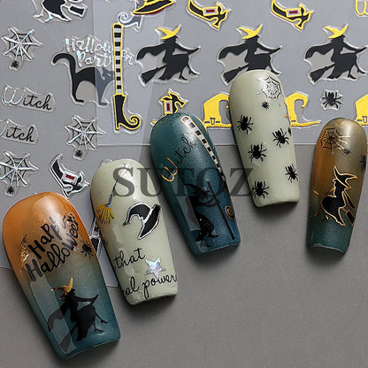 sengpan Embossed 3D Witches Nails Stickers Gold Black Witche Broom Boots Relief Design DIY Halloween Dark Style Manicure Decal CK-007