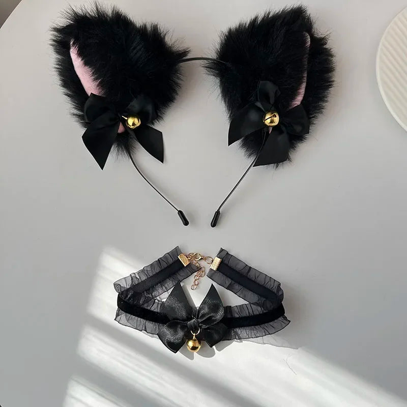 sengpan Sexy Kawaii Cat Ears Headband Women Girls Lace Bow Necklace Plush Bell Hairband Cosplay Halloween Party Costume Hair Accessories