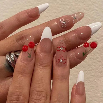 sengpan Simple Stiletto French Fake Nails for Valentine's Day Almond Sweet False Nails with Glue Full Cover Artificial Nails Press On