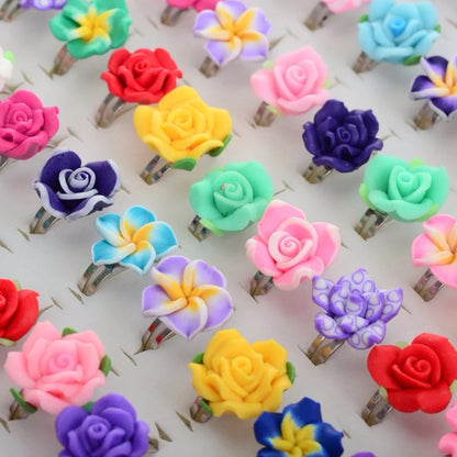 sengpan 20Pcs /Lots Kids Rings Wholesale Mixed Colors Flower Polymer Clay Finger Ring Adjustable For Children Gift