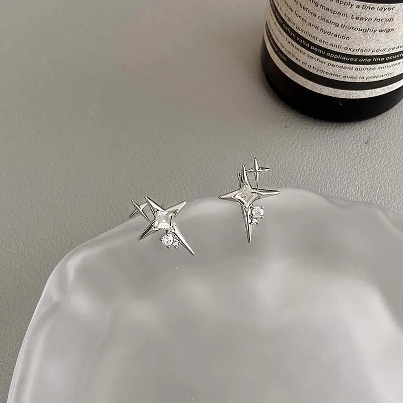 Lianfudai 2024 Fashion Silver Color Cross Star Zircon Stud Earrings for Women Girl Korean Four-Pointed Star Personality Earrings Jewellery