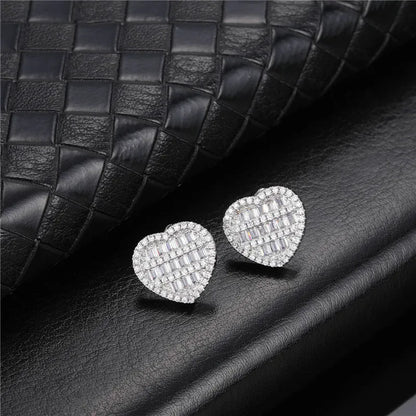 sengpan Hip Micro 1Pair Heart Shape Pave Baguette Cubic Zircon Stone Ice out Stud CZ Earring Bling Copper Earrings For Women Men Jewelry