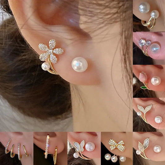 sengpan Korean Vintage Pearl Crystal Earrings For Women Jewelry High-class Luxury Zircon Flower Butterfly Leaf Women's Stud Earrings