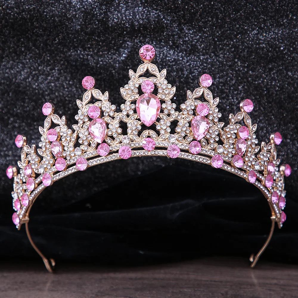 Lianfudai Luxury Elegant AB Crystal Crown Hair Accessories Tiara For Women Party Red Purple Rhinestone Bridal Crown New Hair Jewelry