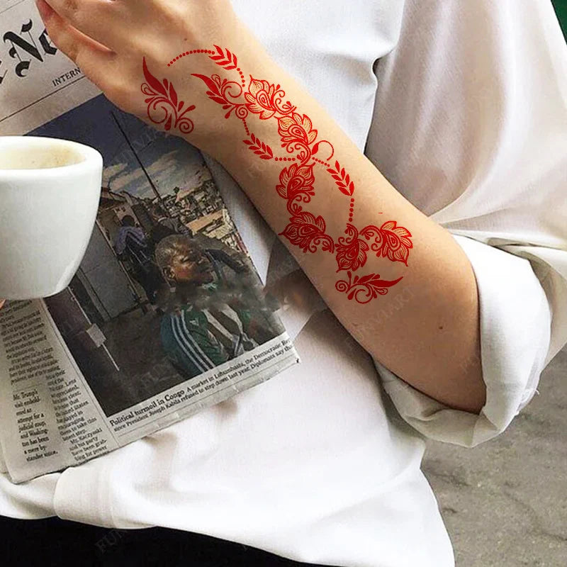 Lianfudai New Design Red Henna Tattoo Stickers for Hand Foot Flower Temporary Tattoos for Woomen Wedding Party Fake Tattoo Waterproof