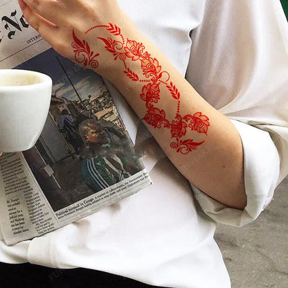 Lianfudai New Design Red Henna Tattoo Stickers for Hand Foot Flower Temporary Tattoos for Woomen Wedding Party Fake Tattoo Waterproof