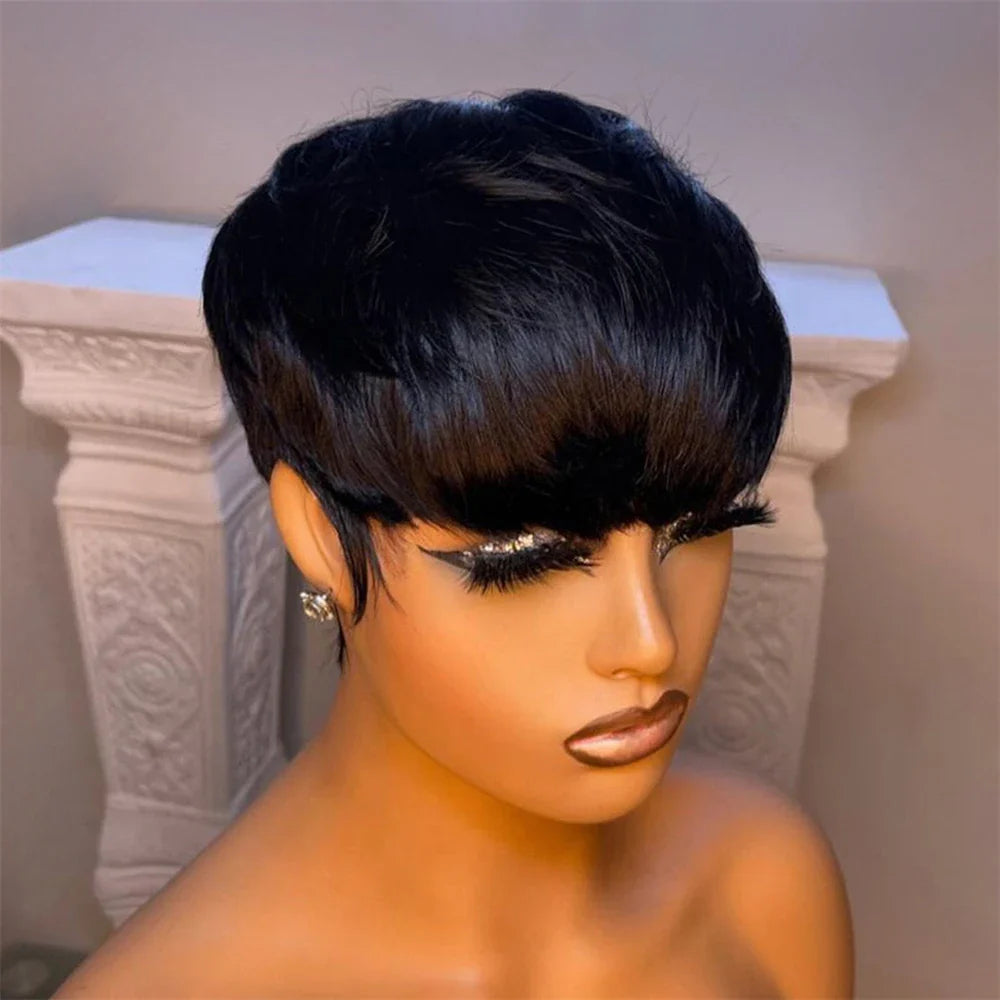 sengpan Short Straight Bob Wig Pixie Cut Wig Human Hair For Black Women With Bangs Brazilian Virgin Hair Non Lace front Cheap Wig Black