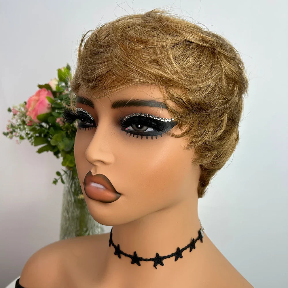 sengpan Short Human Hair Wigs Pixie Cut Straight perruque bresillienne for Black Women Machine Made Wigs With Bangs Cheap Glueless Wig