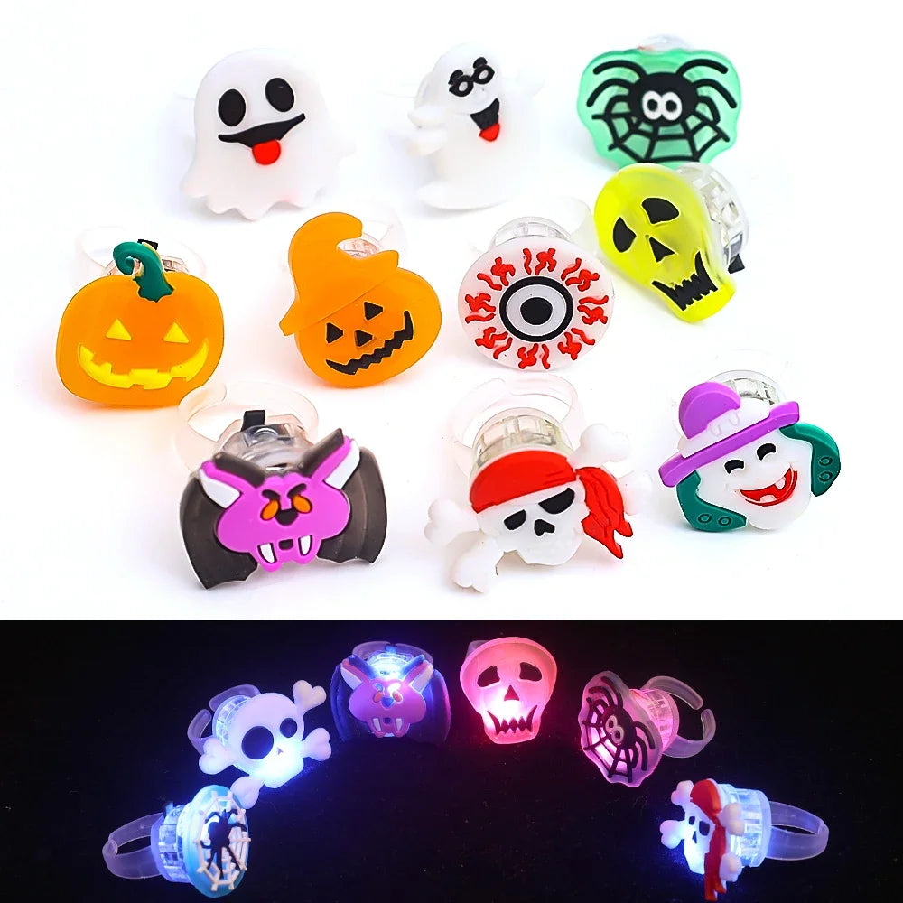 sengpan 10-30Pcs Jewelry Party Gifts LED Luminous Halloween Rings Creative Pumpkin Ghost Skull Glowing in Dark Finger Rings Toys Lights