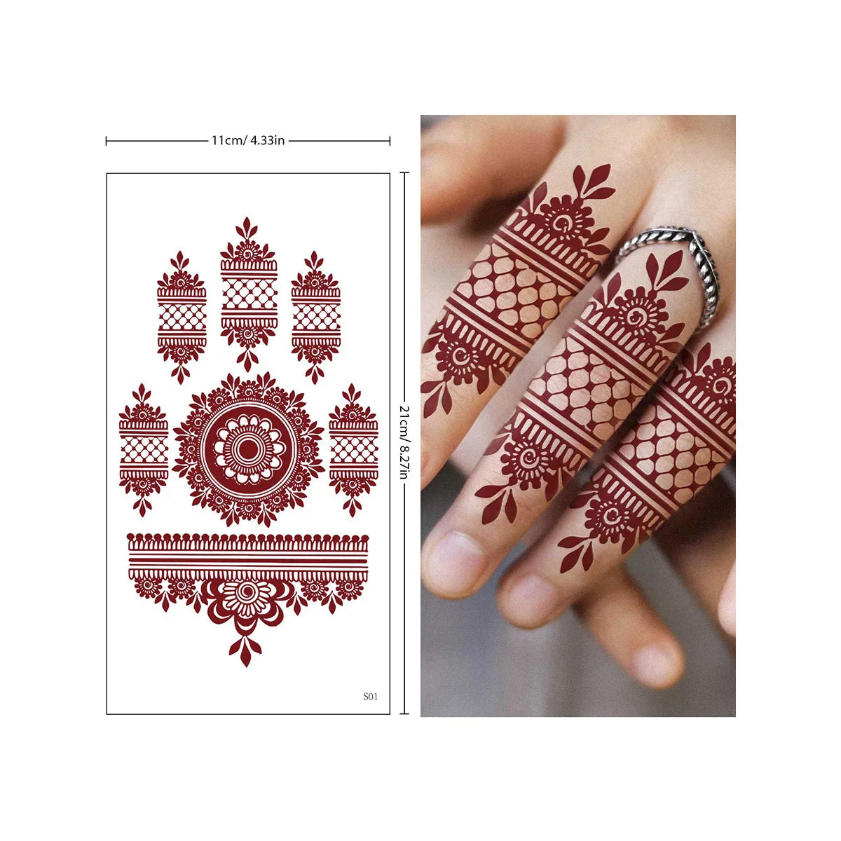 sengpan Red Lace Henna Tattoo Sexy Maroon Tattoo Stickers Waterproof India Mehndi Design Temporary Tattoos Finger Hand Tattoo For Women