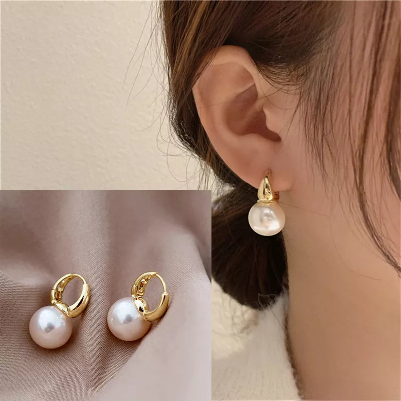 Lianfudai 2024 New Cute Pearl Studs Hoop Earrings for Women Gold Color Eardrop Minimalist Hoops Wedding Fashion Jewelry Dropship