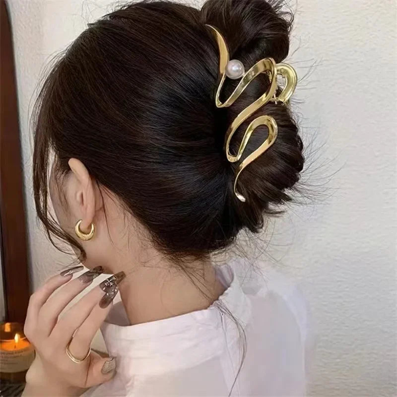 Lianfudai New Punk Geometric Metal Gold Silver Simple Hair Clip Claw for Women Trendy Large Crab Catches Clamp Korea Headwear Accessories