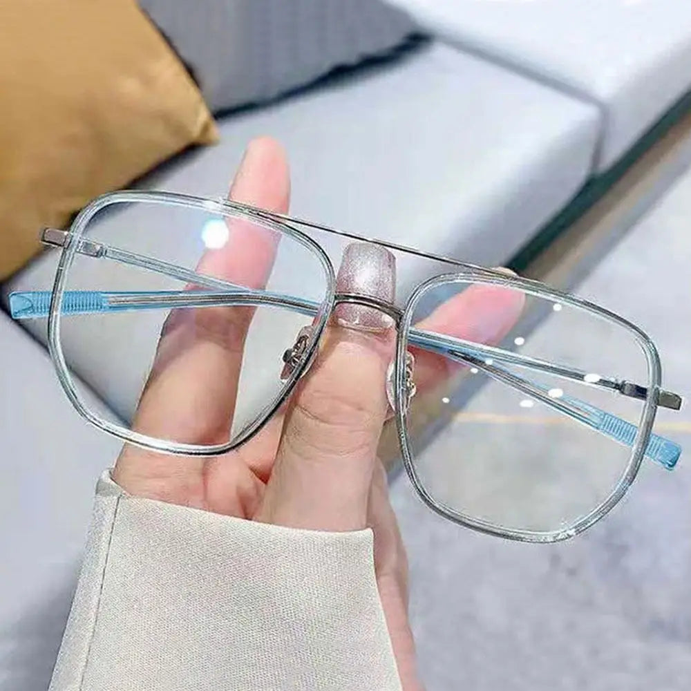 Lianfudai NEW Double Bridge Square Anti-blue Light Glasses Women Men Vintage Transparent Computer Glasses Oversize Frame Eyeglasses 1PC