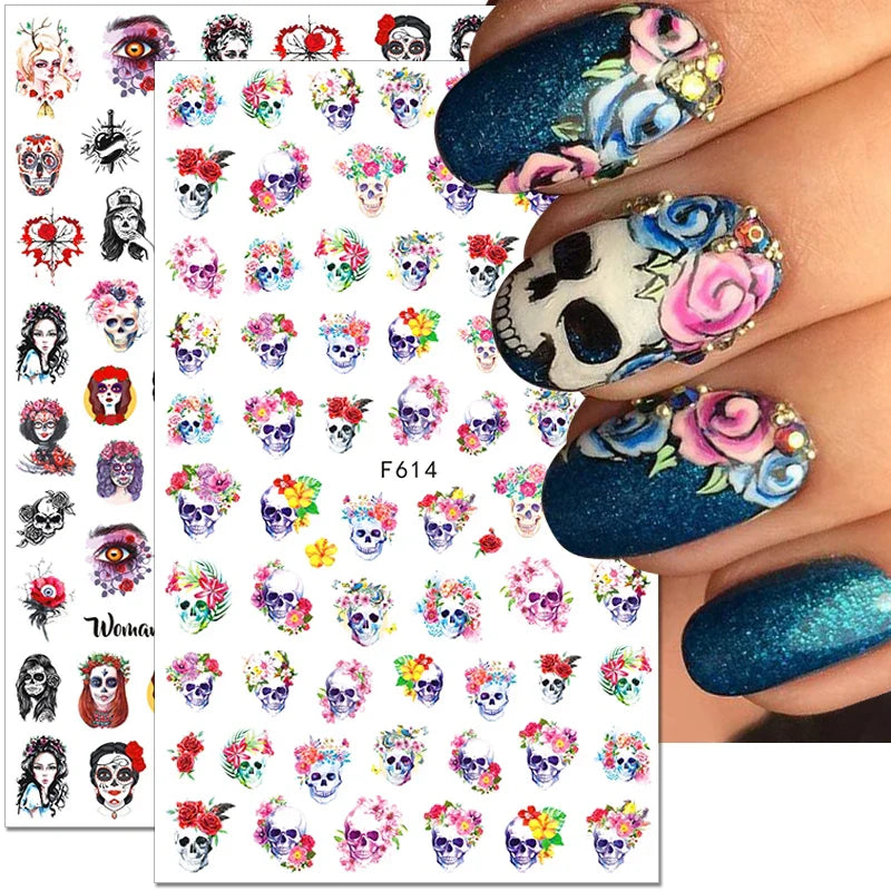 sengpan 3D Halloween Nail Stickers Clown Skull Bone Pumpkin Cartoon Spider Bat Nail Decals Self-Adhesive Nail Art Stickers Nails Decor