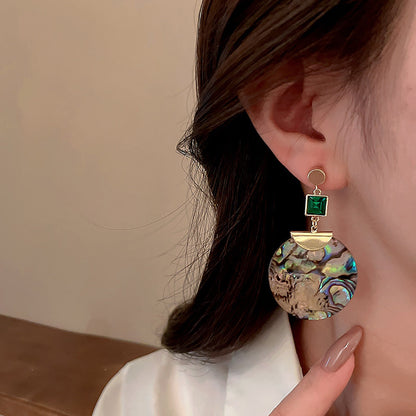 sengpan Vintage Big Long Round Abalone Shell Drop Earrings for Women Green Crystal Geometric Pendant Earring Unusual Jewelry