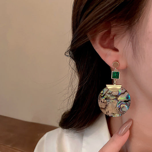 sengpan Vintage Big Long Round Abalone Shell Drop Earrings for Women Green Crystal Geometric Pendant Earring Unusual Jewelry