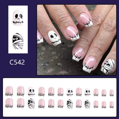 sengpan 24Pcs Halloween Little Ghost Press on Fake Nails Creative French Design Short Square False Nails Acrylic Nails Halloween Decorat