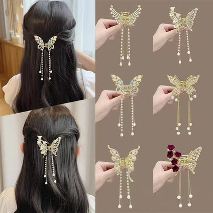 Lianfudai Exquisite Rhinestone Butterfly Fringe Hair Claw Clips Korean New Ponytail Braid Pearl Hairpin Girl Crab Metal Headdress Gift