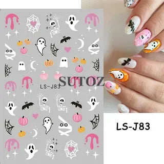 sengpan 5D Embossed Halloween Nail Stickers Skull Chams Spooky Flower Ghost Nail Decals Spider Web Skeleton Sliders for Manicure NTJI-5D