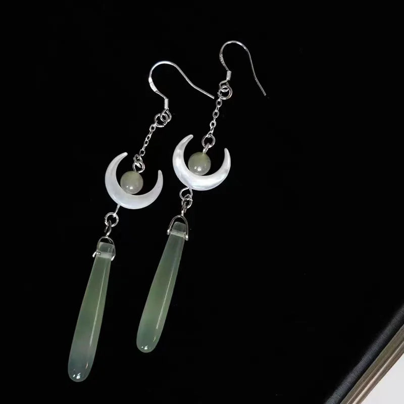 sengpan Chinese Style Imitation Jade Moon Tassel Earrings New Fashion Retro Spring Summer Long Drop Earrings for Women Jewelry