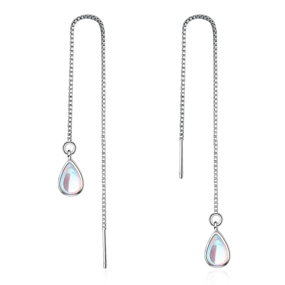 sengpan Elegant Teardrop Moonstone Dangle Long Chain Threader Earrings for Women Girl