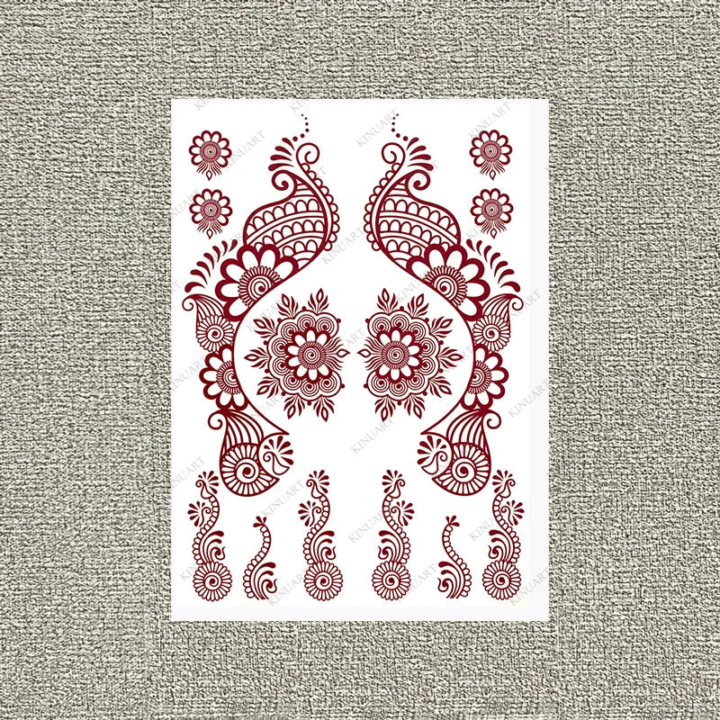 sengpan Maroon Henna Tattoo Stickers for Women Waterproof Temporary Tattoos  for Hand Flower Fake Tattoo for Wedding Festival Body Art