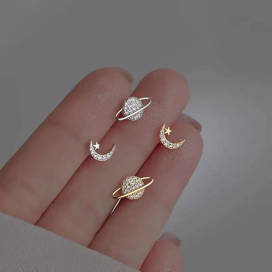 sengpan Simple Piercing Stud Earrings for Women Star Moon Zircon Silver Color Needles Tragus Cartilage Asymmetry Pendiente Fine Jewelry