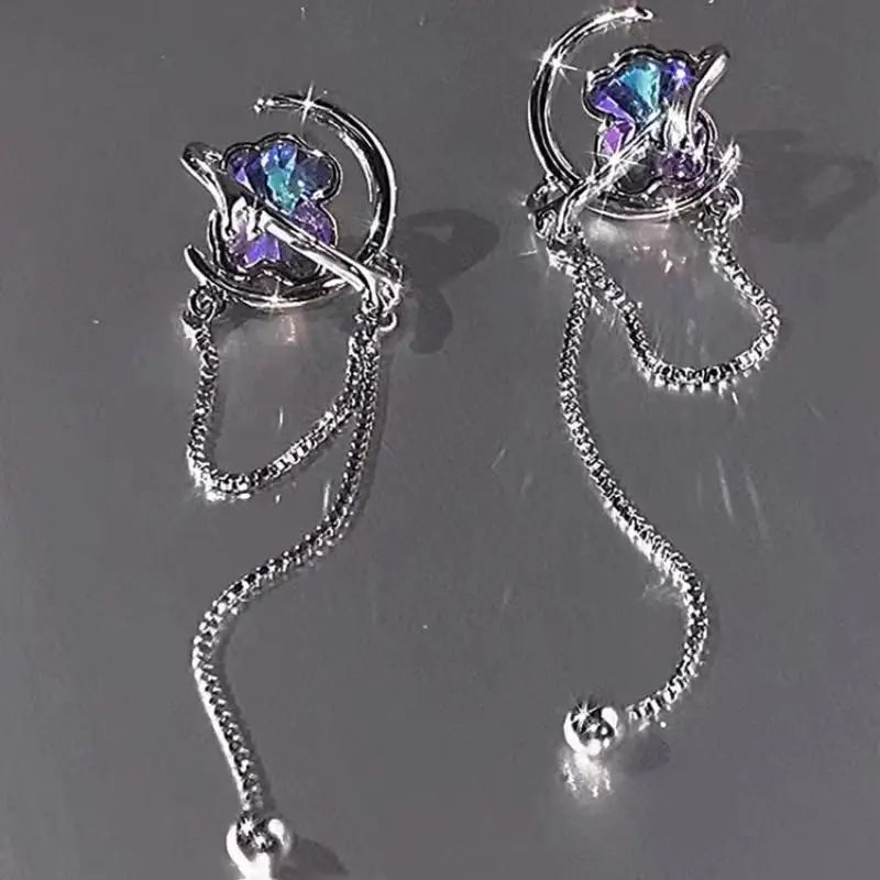 sengpan New Korea Fashion Goth Crystal Star Moon Tassel Earrings For Girl Aesthetic Grunge Jewelry Y2K Accessories