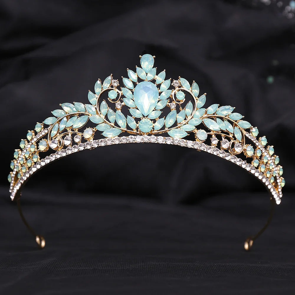 sengpan Luxury Green Opal Crystal Flower Water Drop Tiara Crown Women Wedding Party Elegant Bridal Bride Crown Hair Accessories