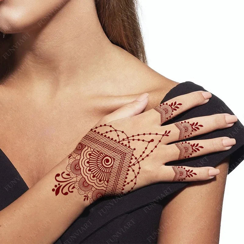 Lianfudai New Design Maroon  Henna Tattoo Stickers for Women Temporary Tattoos  for Hand Flower Fake Tattoo for Wedding Festival Body Art