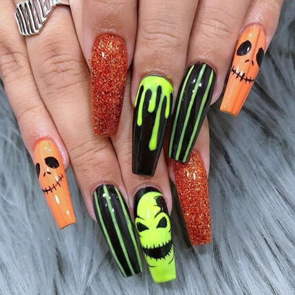 sengpan 24P/Set Halloween Fake Nails Art Ghost Face Pumpkin Spooky Designer Girls Party Press on Nail Tips Wearable Stick on Nails False