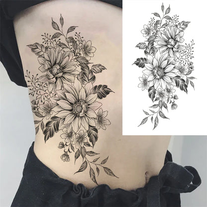 sengpan Death Skull Flower Temporary Tattoo For Women Girls Snake Bird Peony Tattoo Sticker Black Fake Blossom Sexy Tatoo Transfer Adult