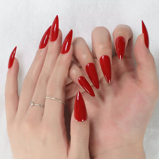 sengpan Stiletto Mirror Red Light Gossy Red Color Fingernails Sharp Fake Nails Art Medium Size Press On Nails Wholesale With Tabs