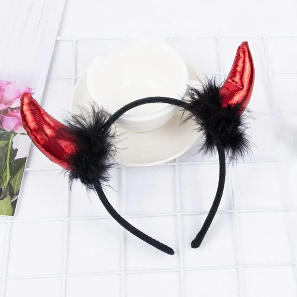 sengpan Elastic Design Headband Plush Devil Horn Headband for Cosplay Parties Halloween Handmade Lightweight Elastic Hair Hoop Accessory