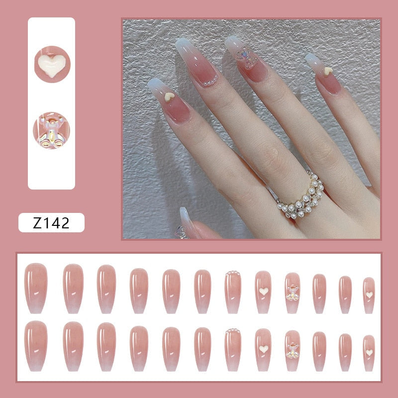 sengpan 24P Nail Art Fake Nails Japanese Ballerina Press on Nails Set Diamond Streamer Flash Fly Butterfly Seamless Removable False Nail