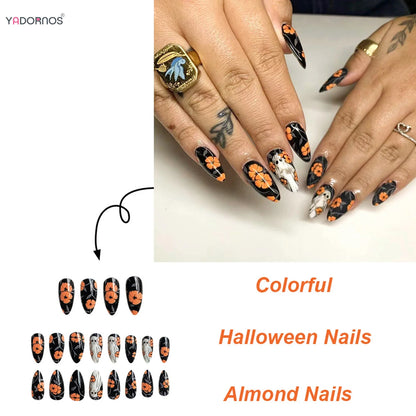 sengpan 24pcs Dark Black Fake Nails Halloween Theme False Nail Patches Orange Flower Ghost Printed Press On Nails Detachable Manicure