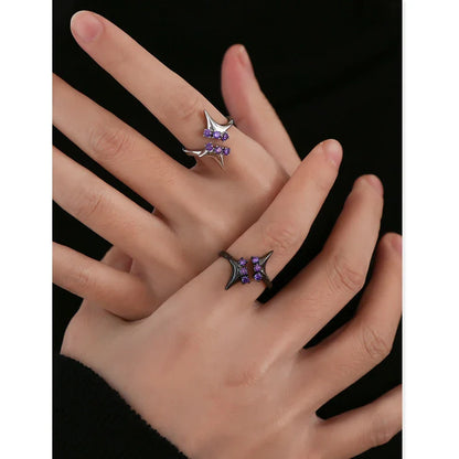 sengpan Amethyst Opening Ring Four-pointed Star Silver Color Black Hipster Alloy Sweet Punk Cool All-match Fashion Jewelry Girls Gift