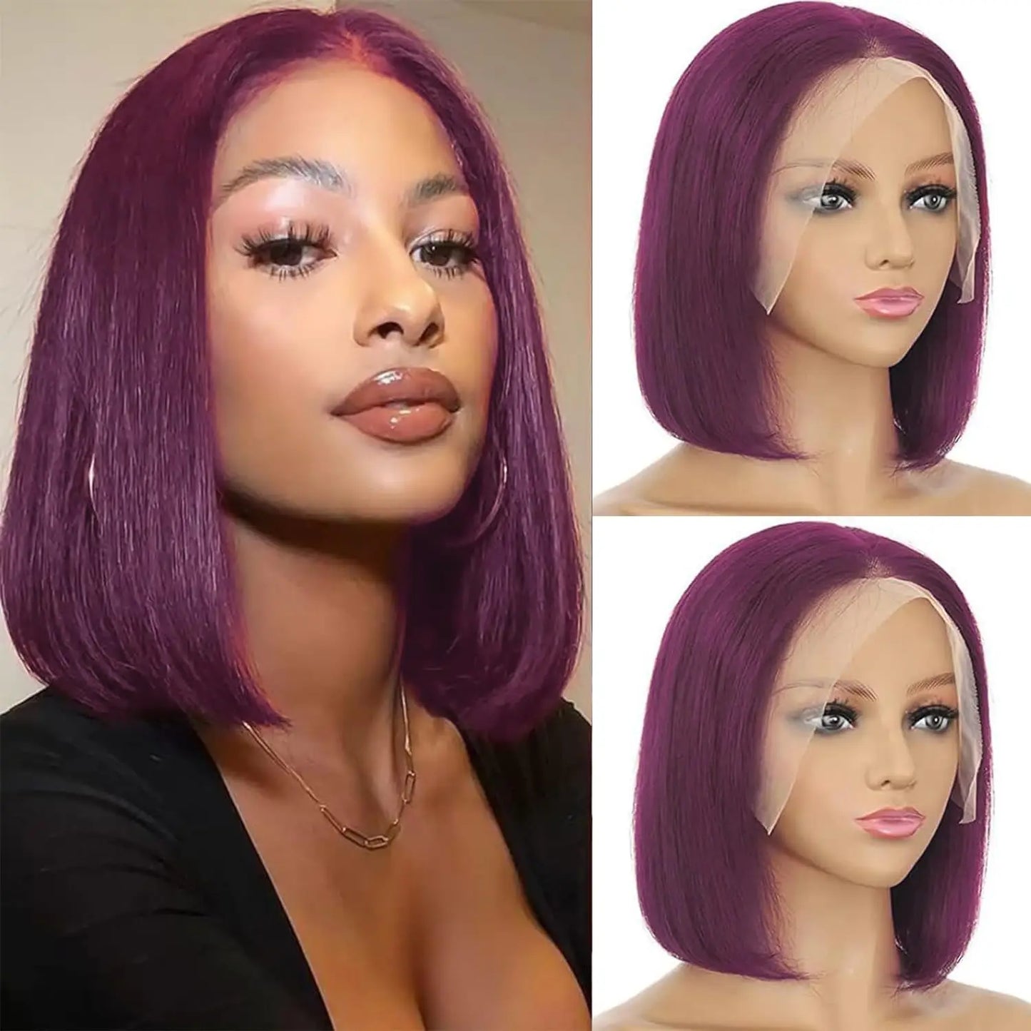 sengpan Dark Purple Short Bob Wigs Human Hair Burgubdy Straight Bob Wigs Grape Purple 13x4 HD Lace Frontal Wigs Brazilian Human Hair Wig