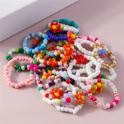 sengpan Korean Colorful Small Flower Ring Sets Bohemia Handmade Multi Beaded Rice Beads Finger Ring For Women Beach Jewelry Gifts